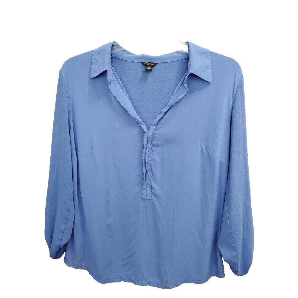 Ann Taylor Blue Collared Roll-Tab Sleeve Popover Blouse Size Medium
